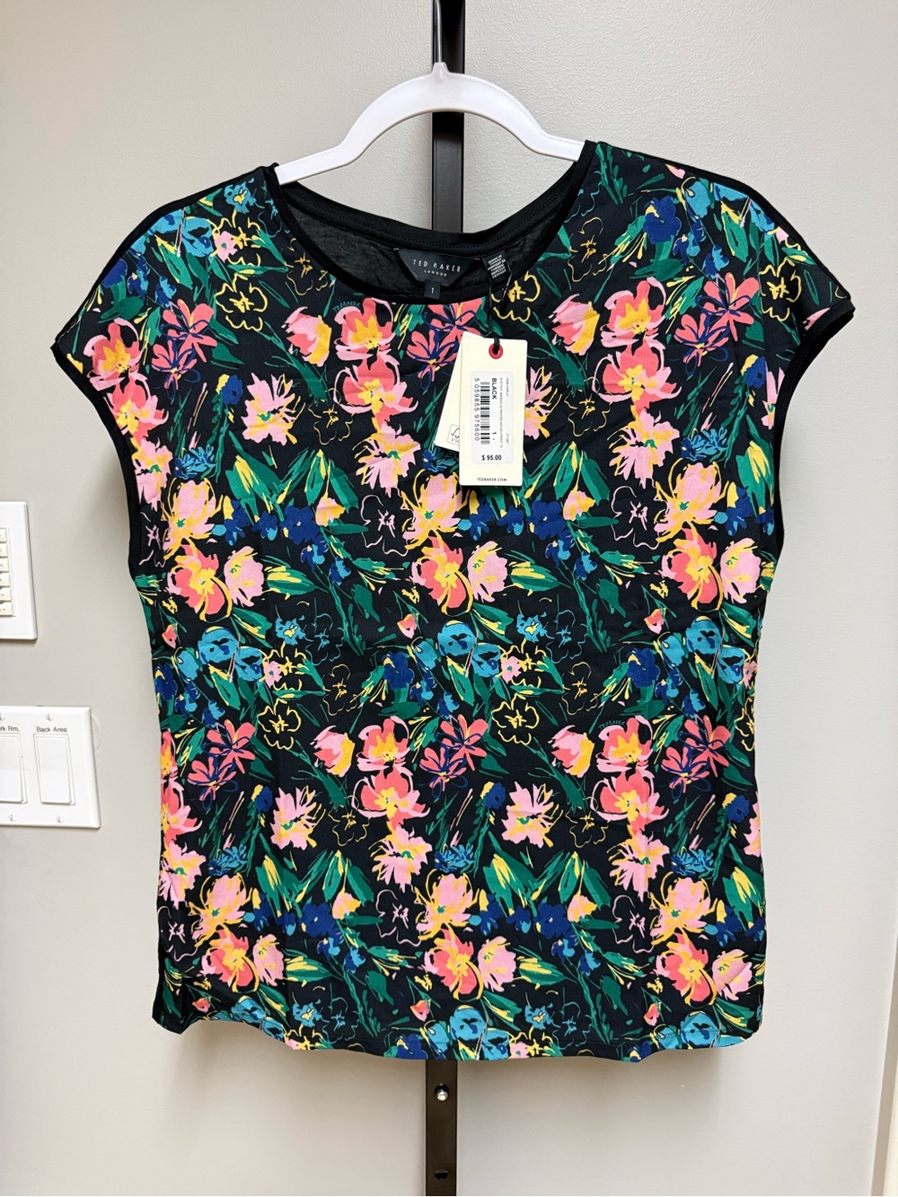 Ted Baker Black Floral Cap Sleeve Blouse with Pink & Green Accents new with tags